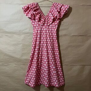 Daydress UK Lindos Midi Dress Flutter Ruffle Sleeve V-Neck Red China Tea Size S